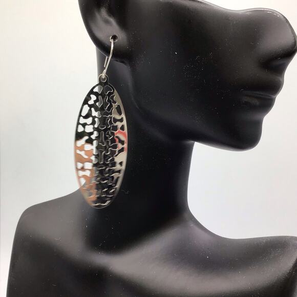 Sterling Silver Oval Cutout Dangle Earrings Hook 5.3g Modern Abstract Design - Picture 6 of 15